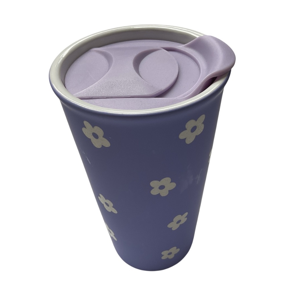 Sunday Morning Floral Travel Mug Purple with White Flowers and Lid Ceramic 16 oz